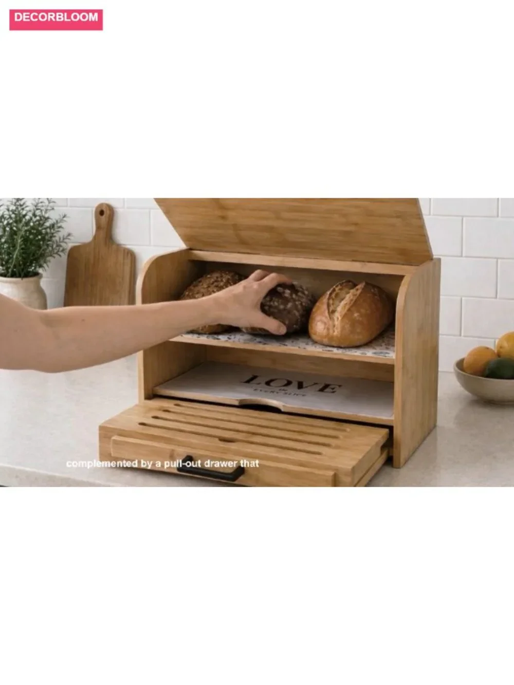 Extra Large Rustic Wood Bread Box with Crumb Tray, Kitchen Counter Storage